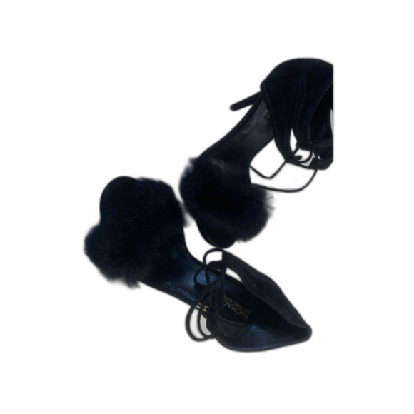 Michael Kors Black Remi Open Toe Dyed Rabbit Fur Strappy High Heel Shoes 7.5 - Picture 2 of 5